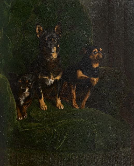 Gras A.J. Le | Drie dwergpinchers in groene stoel, olieverf op doek 81,2 x 65,5 cm, gesigneerd r.m. en gedateerd 1888