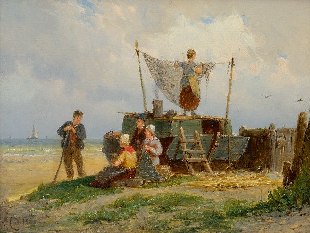 Pieter Cornelis  Dommershuijzen | 't Drogen van de netten, olieverf op paneel, 15,0 x 20,2 cm, gesigneerd l.o. met initialen en gedateerd 1886