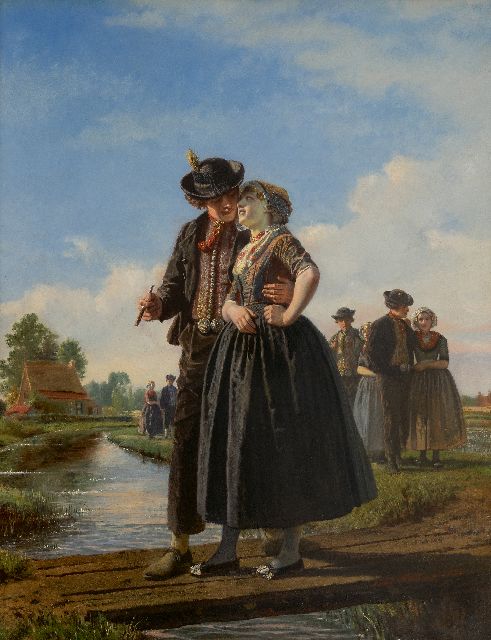 Dillens A.A.  | La traversée du pont d'amour, olieverf op paneel 78,5 x 60,0 cm, gesigneerd r.o. en gedateerd 1855