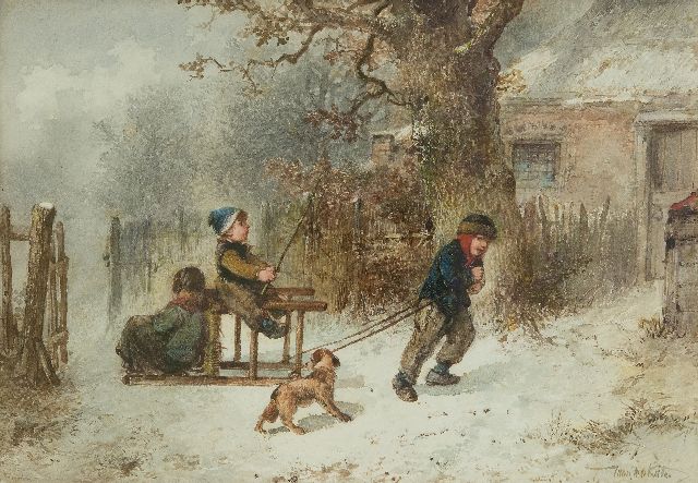 Mari ten Kate | Spelende kinderen in de sneeuw, aquarel op papier, 25,1 x 35,6 cm, gesigneerd r.o.