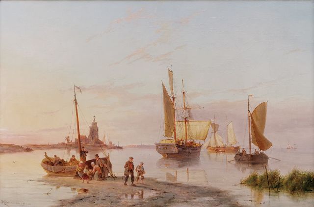 Pieter Cornelis  Dommershuijzen | Schepen op een windstille dag bij een haveninham, olieverf op doek, 50,8 x 76,8 cm, gesigneerd l.o. en gedateerd 1901