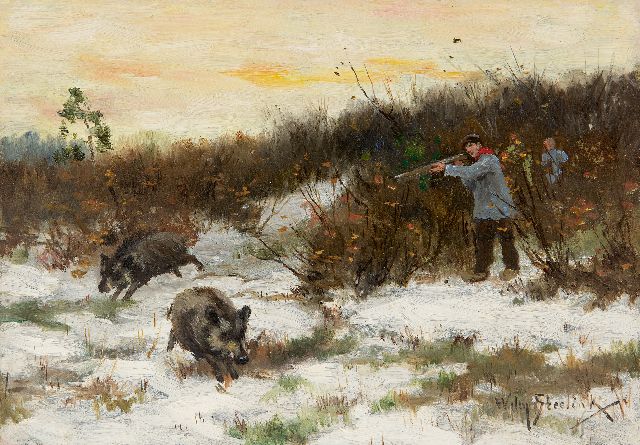 Willem Steelink jr. | Zwijnenjacht in de sneeuw, olieverf op paneel, 19,8 x 28,0 cm, gesigneerd r.o.