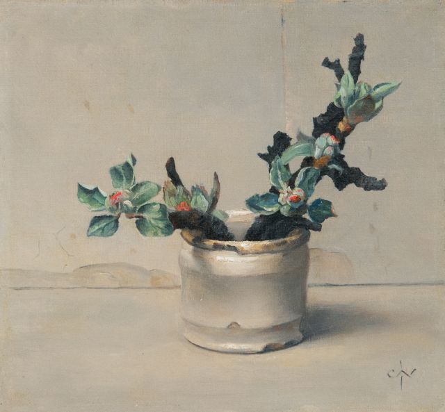 Jan Coenraad Nachenius | Uitbottende takken in witte pot, olieverf op paneel, 17,7 x 19,2 cm, gesigneerd l.o. met monogram