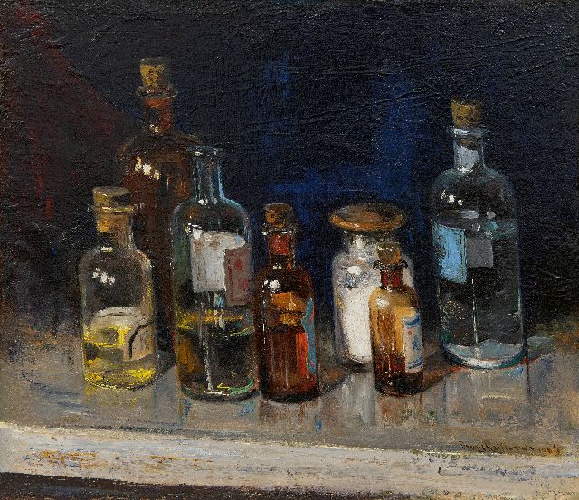 Frans Helfferrich | Stilleven met flessen, olieverf op doek, 30,2 x 34,5 cm, gesigneerd r.o. en gedateerd 1906