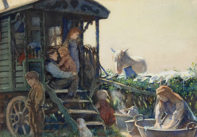 Gestel L.  | Woonwagenfamilie, aquarel op papier 37,5 x 55,0 cm, gesigneerd l.o. en gedateerd 1907