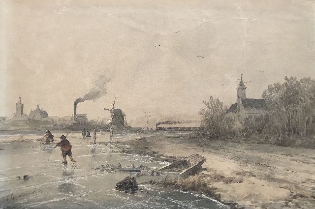 Hoppenbrouwers J.F.  | Winterlandschap met spoorlijn bij Den Haag, penseel en inkt op papier 18,8 x 27,9 cm, gesigneerd l.o. en gedateerd '49