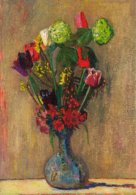Jan Wiegers | Voorjaarsboeket met tulpen en brem, olieverf op doek, 70,6 x 49,9 cm, gesigneerd r.o.