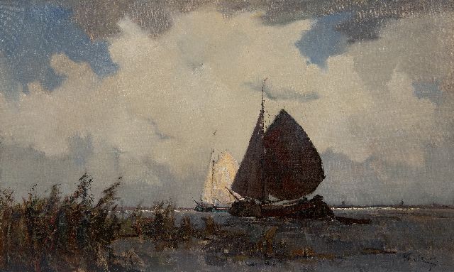 Leurs H.J.  | Zeilende tjalken onder Hollandse wolkenlucht, olieverf op doek 60,0 x 100,0 cm, gesigneerd r.o.