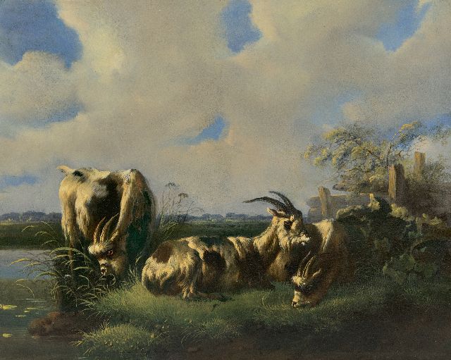 Albertus Verhoesen | Drie Nederlandse landgeiten in de wei, olieverf op paneel, 27,0 x 34,3 cm, gesigneerd r.o.