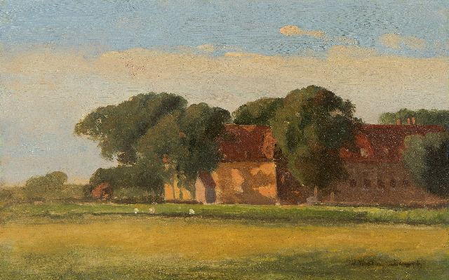 Jan Hendrik Weissenbruch | Landschap met boerderij (schets), olieverf op schildersboard, 17,9 x 28,3 cm, gesigneerd r.o.