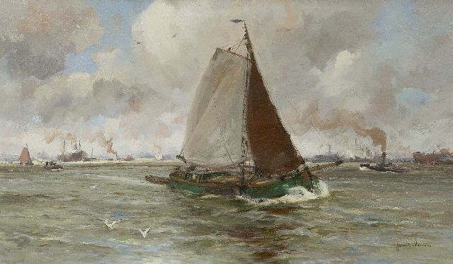 Voorden A.W. van | Beurtschip op de Maas, olieverf op doek 57,6 x 97,9 cm, gesigneerd r.o.
