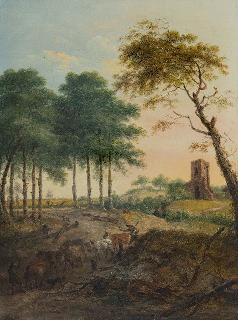 Nijmegen G. van | Koeherders met vee bij een rivierbedding, olieverf op paneel 46,1 x 34,5 cm, gesigneerd l.o. en gedateerd 1785