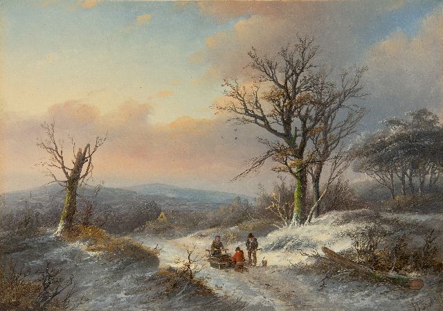 Spohler J.J.  | Winterlandschap met houtsprokkelaars, olieverf op paneel 23,0 x 33,0 cm, gesigneerd r.o.