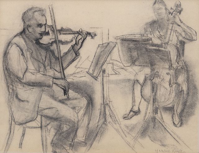 Harrie Kuijten | Spelende violist en cellist, zwart krijt op papier, 37,1 x 47,8 cm, gesigneerd r.o.