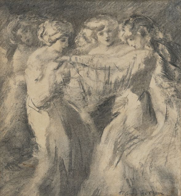 Pieter Cornelis de Moor | Danseressen, houtskool op papier, 37,0 x 34,0 cm, gesigneerd r.o.