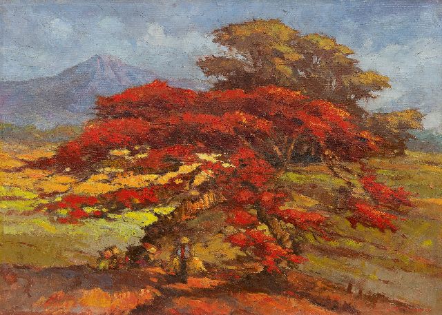 Frits Ohl | Indonesisch landschap met bloeiende Flamboyant, olieverf op doek, 68,3 x 95,3 cm, gesigneerd r.o.