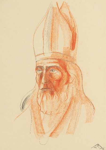 Schelfhout L.  | Portret van een heilige met mijter, potlood en krijt op papier 34,0 x 20,0 cm