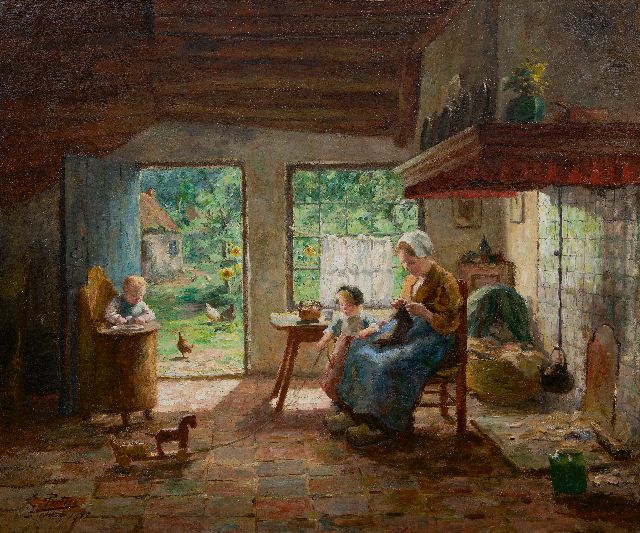 Evert Pieters | Moeder en kinderen in zonnig boereninterieur, olieverf op doek, 78,5 x 92,4 cm, gesigneerd l.o. en gedateerd 1915