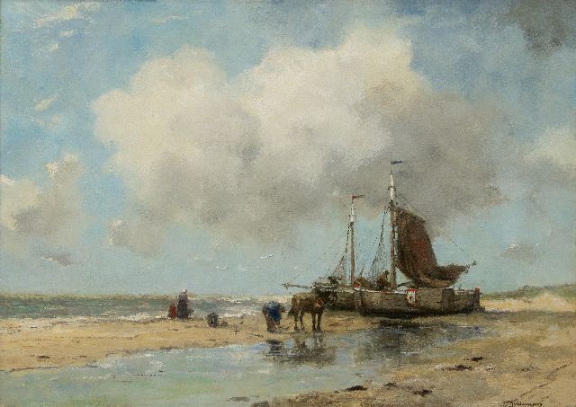 Johan Frederik Cornelis Scherrewitz | Bomschuiten op het strand, olieverf op doek, 59,8 x 84,2 cm, gesigneerd r.o.