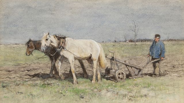 Anton Mauve | De ploeger, aquarel op papier, 35,0 x 62,0 cm, gesigneerd l.o.