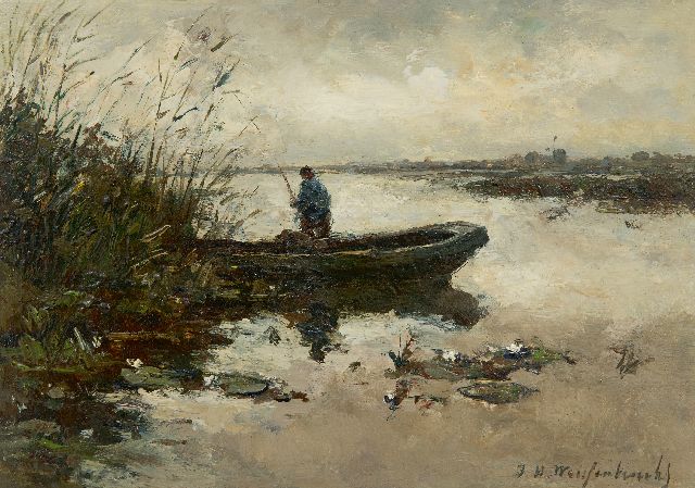 Jan Hendrik Weissenbruch | Visser in een poldervaart, olieverf op paneel, 20,2 x 28,3 cm, gesigneerd r.o. en te dateren ca. 1890-1895.