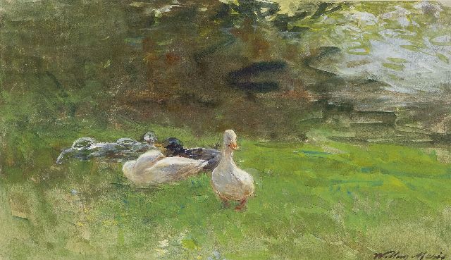 Willem Maris | Eenden in het gras, aquarel op papier, 16,4 x 28,4 cm, gesigneerd r.o. en te dateren ca. 1880-1890