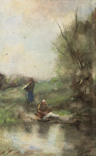 Maris J.H.  | Wasvrouwen bij de rivier, aquarel op papier 38,8 x 24,5 cm, gesigneerd r.o. en te dateren ca. 1888-1889
