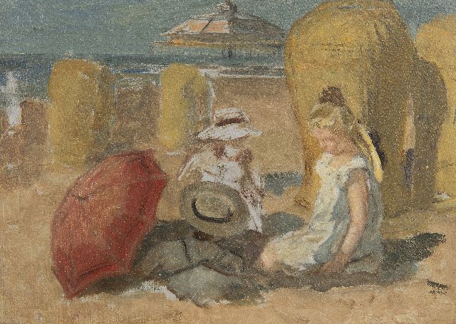 Jonge J.A. de | Kinderen op het strand van Scheveningen, olieverf op schildersboard 16,0 x 22,0 cm