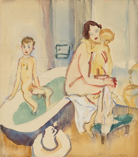Sluijters J.C.B.  | De badkamer (Greet met Liesje en Jan jr.), potlood en aquarel op papier 21,7 x 19,4 cm, gesigneerd r.o. en te dateren ca. 1949