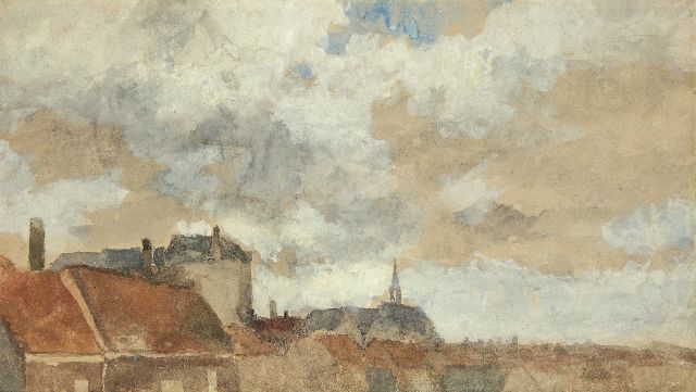 Weissenbruch H.J.  | Uitzicht over daken, aquarel op papier 32,2 x 57,5 cm, gesigneerd r.o. met initialen