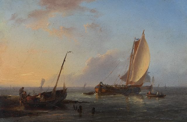 Hermanus Koekkoek | Vissers en zeilschepen voor de kust, olieverf op blik op paneel, 9,8 x 14,7 cm, gesigneerd l.o. met initialen