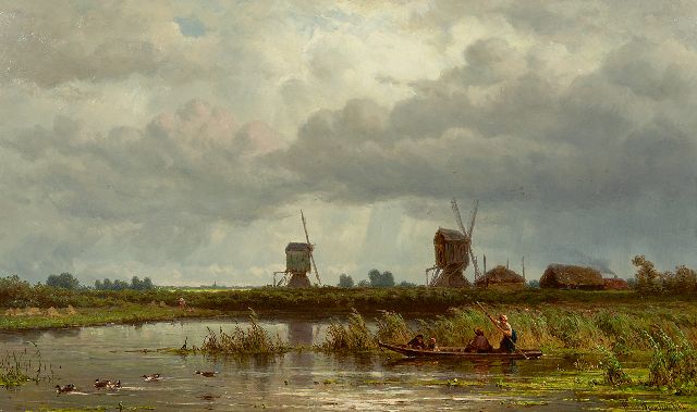 Jan Willem van Borselen | Waterrijk zomerlandschap met gezelschap in een bootje, olieverf op paneel, 33,3 x 55,4 cm, gesigneerd r.o. en gedateerd '62