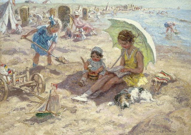 Jan Zoetelief Tromp | Spelende kinderen op het strand van Katwijk, olieverf op doek, 68,3 x 95,9 cm, gesigneerd r.o. en verso