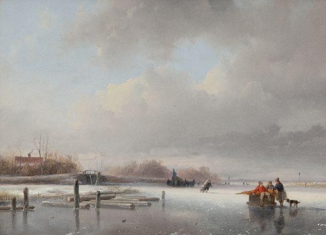 Andreas Schelfhout | Bevroren rivier met schaatsers en een koek-en-zopie, olieverf op paneel, 29,5 x 40,0 cm, gesigneerd l.o. en te dateren ca. 1832-1834