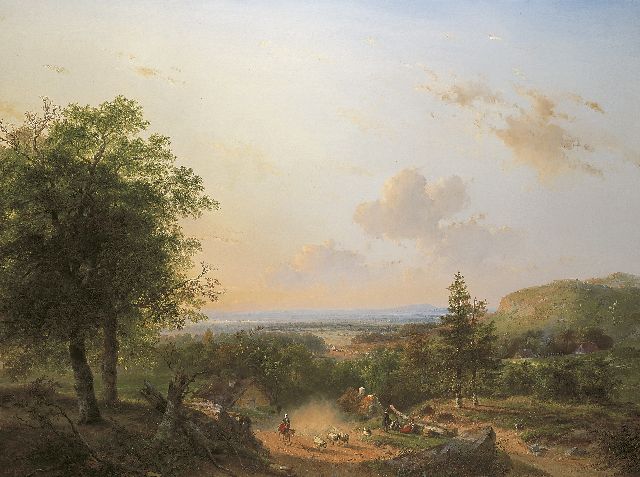 Schelfhout A.  | Schapenhoedster met kudde in een glooiend zomerlandschap, olieverf op doek 110,4 x 146,0 cm, gesigneerd l.o. en gedateerd 1849