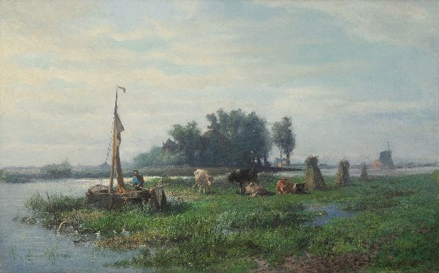 Anton Mauve | Boer met schuit bij een melkbocht, olieverf op doek, 40,5 x 64,0 cm, gesigneerd r.o. en te dateren ca. 1870
