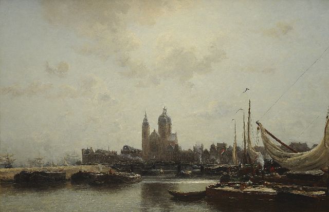 Wijsmuller J.H.  | Amsterdams havengezicht met de St. Nicolaaskerk, olieverf op doek 99,5 x 149,8 cm, gesigneerd r.o.