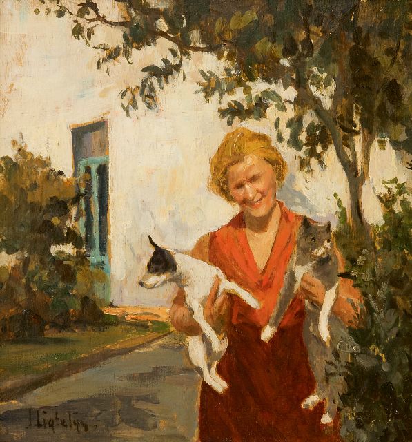 Evert Jan Ligtelijn | Vrouw met hond en kat in de tuin, olieverf op paneel, 24,0 x 22,7 cm, gesigneerd l.o.