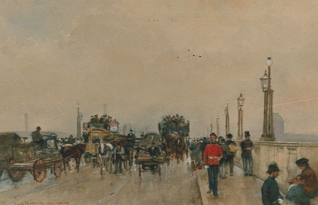 Hoeterickx E.  | Paardentrams op Waterloo Bridge, aquarel op papier 36,0 x 55,0 cm, gesigneerd l.o. en gedateerd 1882