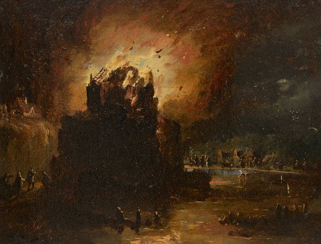 Hendrik Gerrit ten Cate | De brand, olieverf op paneel, 18,6 x 24,2 cm, gesigneerd r.o.