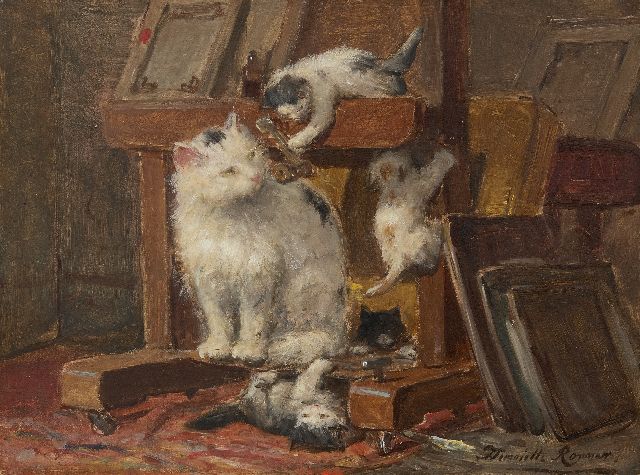 Henriette Ronner | Moederpoes met kittens in het atelier, olieverf op papier op paneel, 28,1 x 37,1 cm, gesigneerd r.o.
