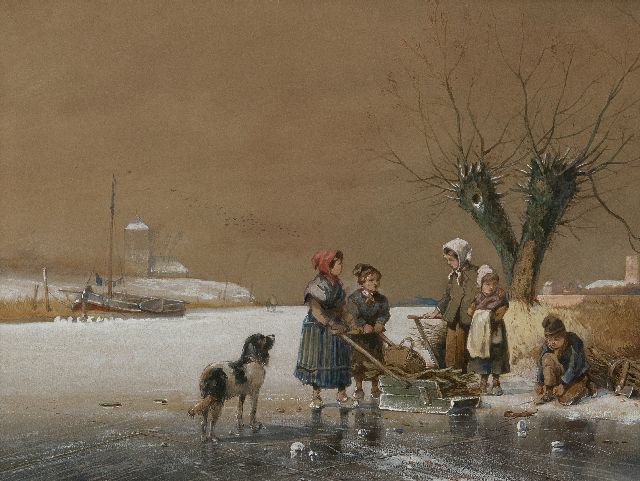Smits J.G.  | Kinderen op het ijs, aquarel en gouache op papier 26,5 x 35,5 cm