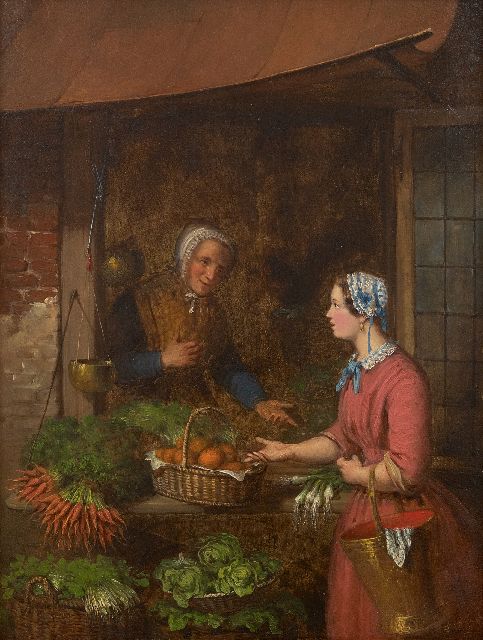 Andries Scheerboom | Een praatje bij de groentestal i.o., olieverf op paneel, 34,6 x 26,0 cm