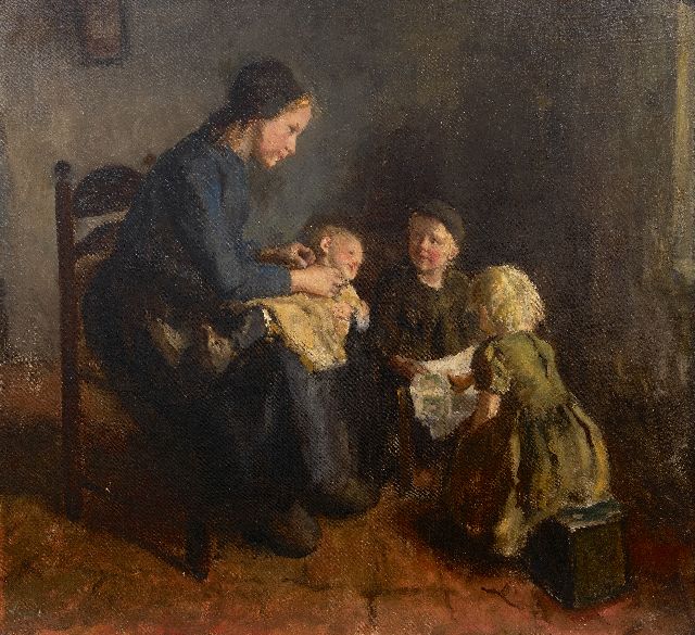Hein Kever | Larens interieur met moeder en kinderen, olieverf op doek, 76,1 x 82,9 cm, gesigneerd l.o.