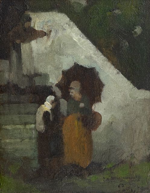 Jan Hendrik Weissenbruch | Figuren bij een trap, olieverf op paneel, 20,3 x 16,1 cm, gesigneerd r.o. en gedateerd '79