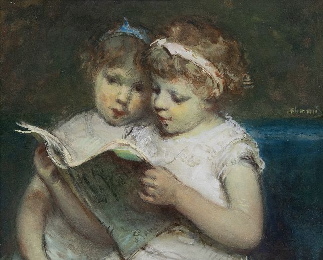 Bernard Blommers | Twee lezende zusjes, gouache op papier, 25,5 x 32,5 cm, gesigneerd m.r.
