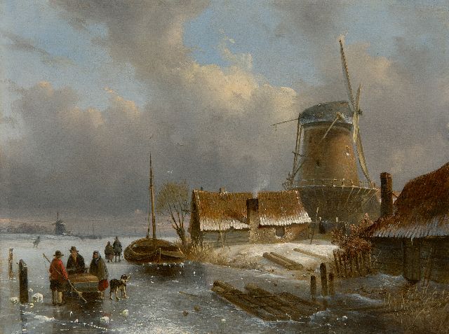 Charles Leickert | Hollands winterlandschap met goederenslee en figuren op het ijs, olieverf op paneel, 24,4 x 32,5 cm, gesigneerd r.o.