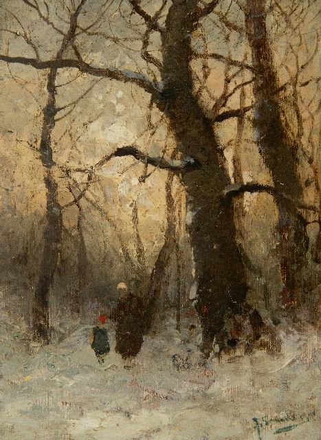 Johann Jungblut | Figuren in een besneeuwd bos (pendant van zomer), olieverf op paneel, 16,1 x 11,8 cm, gesigneerd r.o. J. Sander [pseudoniem]