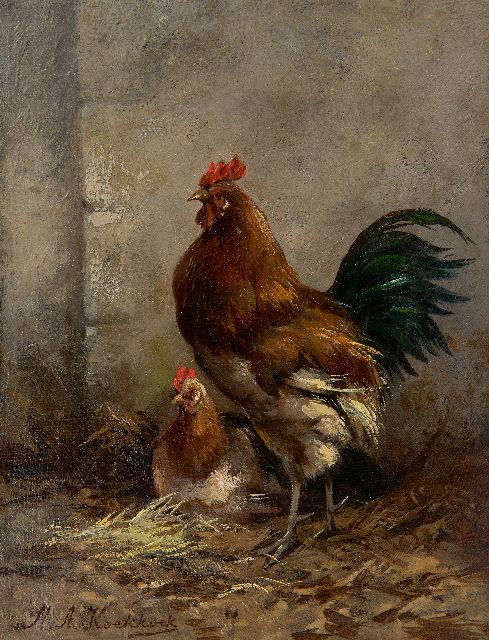 Marinus Adrianus Koekkoek II | Haan en hen, olieverf op doek, 25,1 x 19,0 cm, gesigneerd l.o.