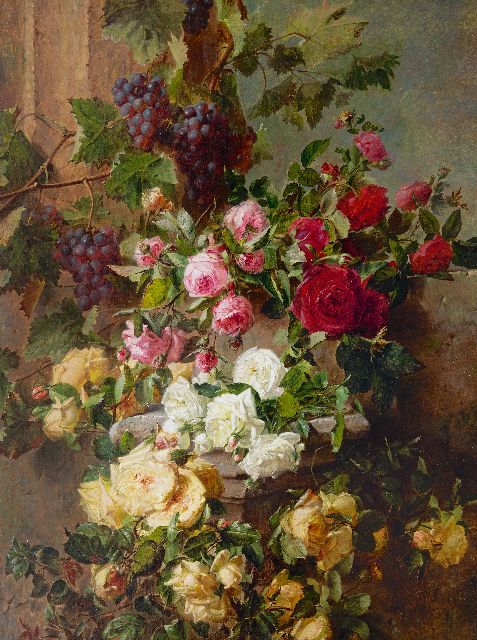 Adriana Haanen | Stilleven met rozen en druiven, olieverf op doek, 101,6 x 76,5 cm, gesigneerd r.o. en gedateerd 1874
